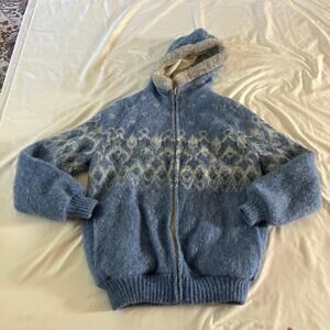 Vtg Y2K 2000s Blue Icelandic Wool Knit Zip Up Hooded Sweater Jacket Sz M Nordic